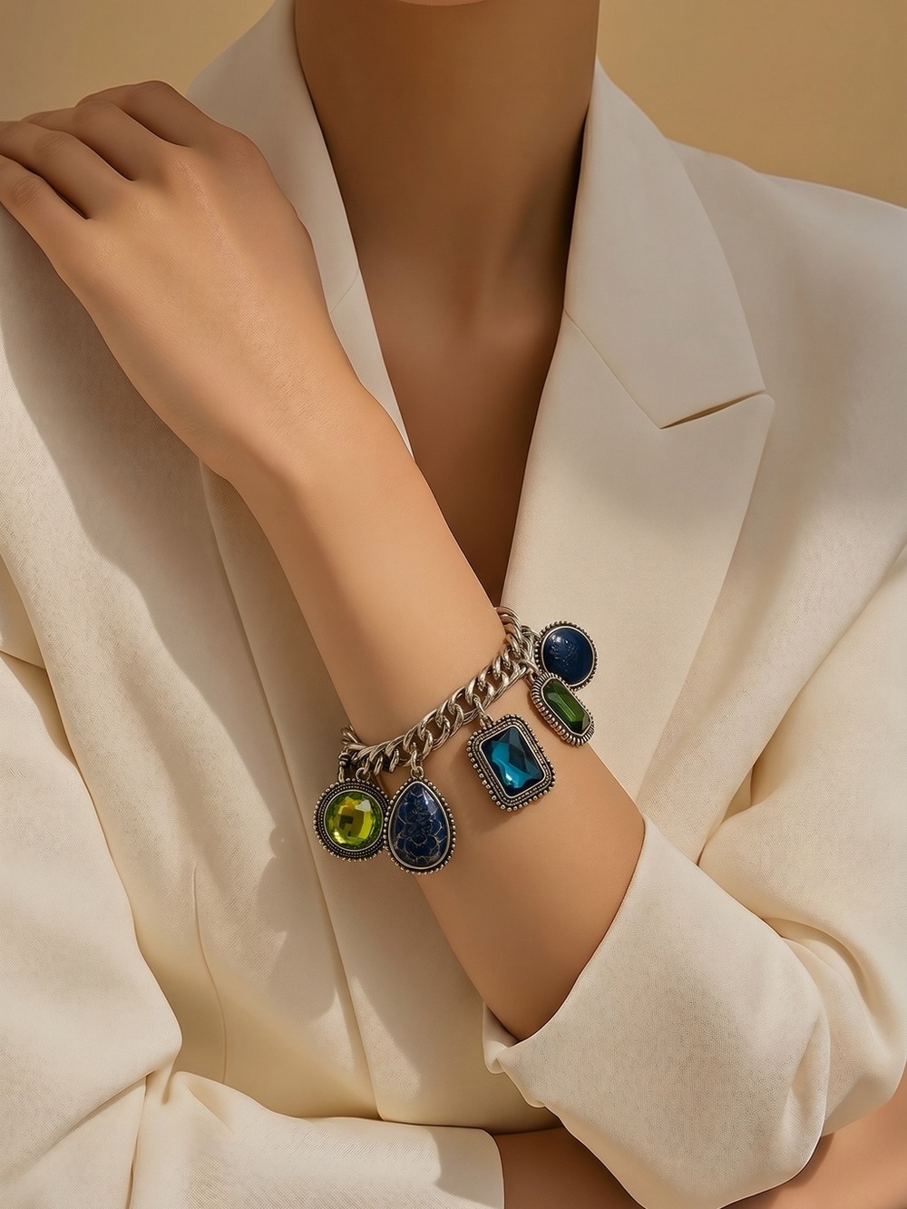 Silver Tone Chunky Colorful Charm Bracelet - Picture 9 of 12